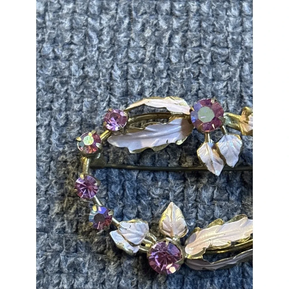 Vintage Pink Flower Wreath Brooch Pin Gold Tone Rhinestone Austria